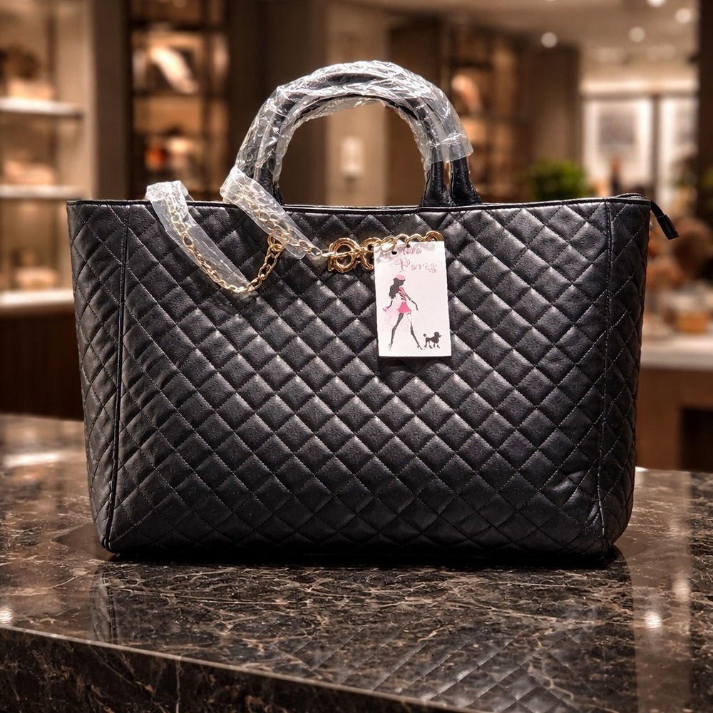 Gilda Paris Large Vegan Leather Black Quilted Tote Bag